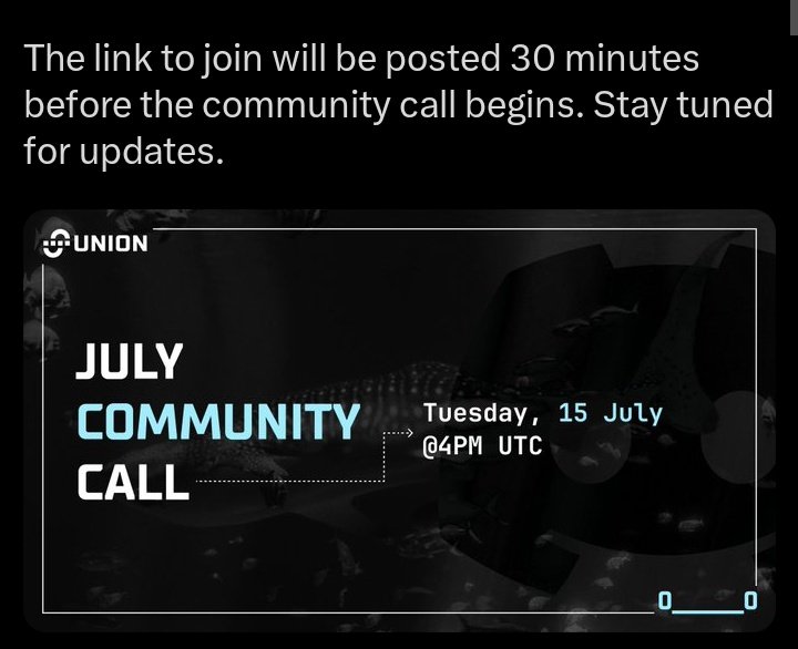 Union monthly community call 👀

<a href="/union_build/">Union</a> team will go live in about 9 hrs

They will likely drop some updates on mainnet launch, an upgraded version of the testnet and what’s coming next

20 XP or not, don’t miss it 👀

Stay interoperable with $U always.
zkgm 🐋