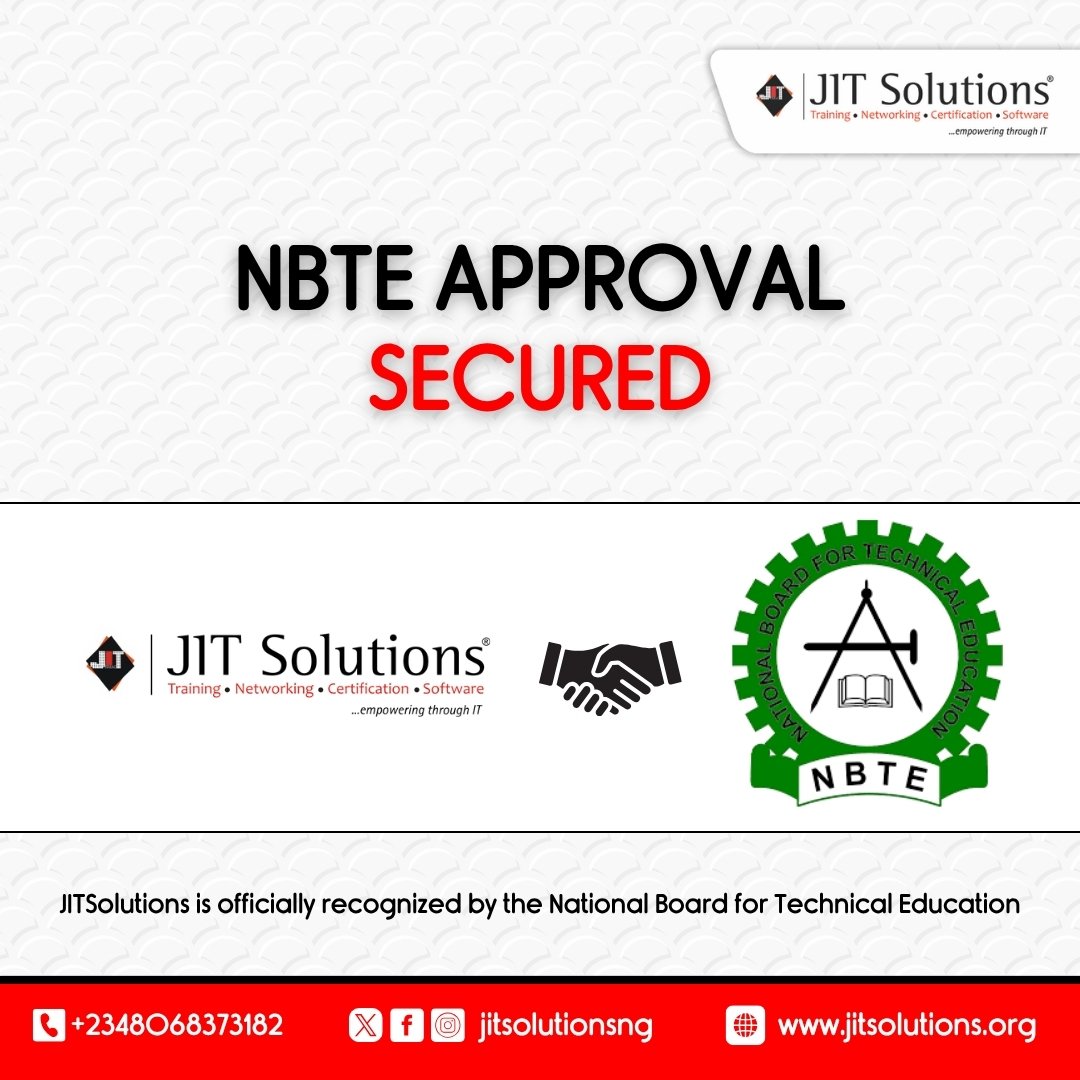 jitsolutionsng's tweet image. NBTE Approval Secured!

JITSolutions is now officially recognized by the National Board for Technical Education

We&apos;re raising the bar in accredited technical training
 
#NBTEApproved #JITSolutions #TechEducation #SkillsForTheFuture