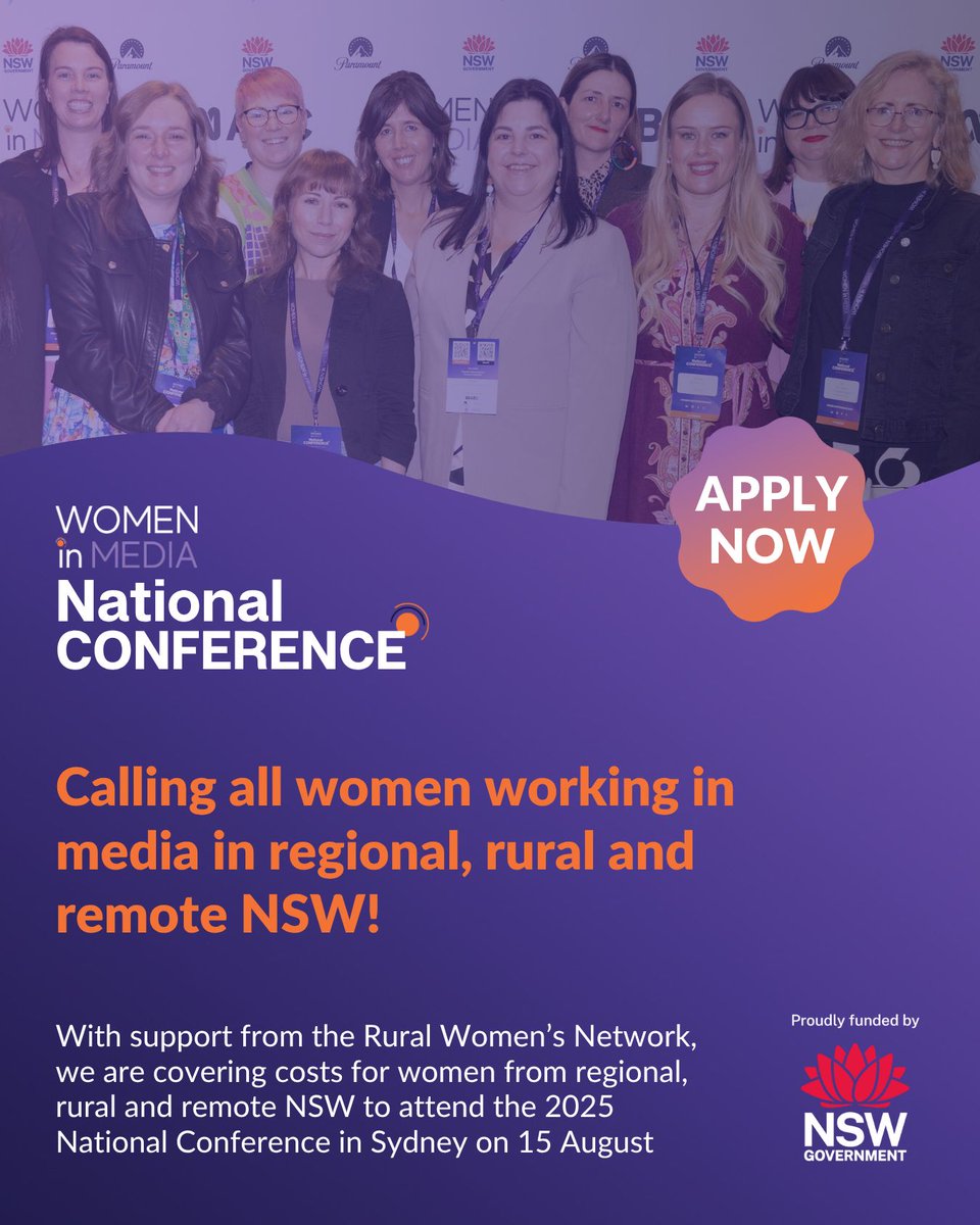 With generous support from the Rural Women's Network, Women in Media is covering costs for 10 women from regional, rural and remove NSW to attend their 2025 National Conference in Sydney - applications close July 21. 

docs.google.com/forms/d/e/1FAI…