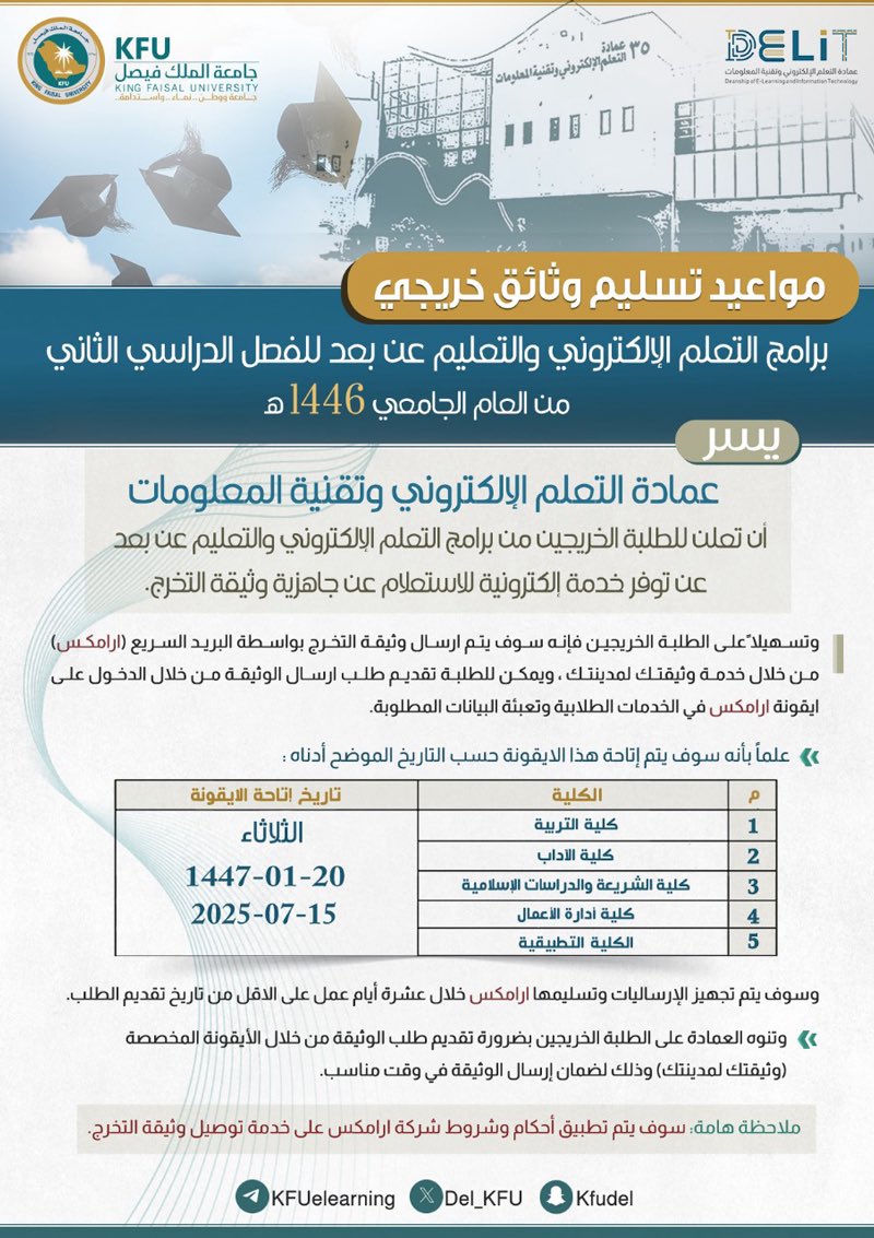 🔴 اعلان

يسر عمادة التعلم الالكتروني وتقنية المعلومات

ان تعلن مواعيد تسليم وثائق خريجي برامج التعلم الإلكتروني والتعليم عن بعد للفصل الدراسي الثاني 1446هـ