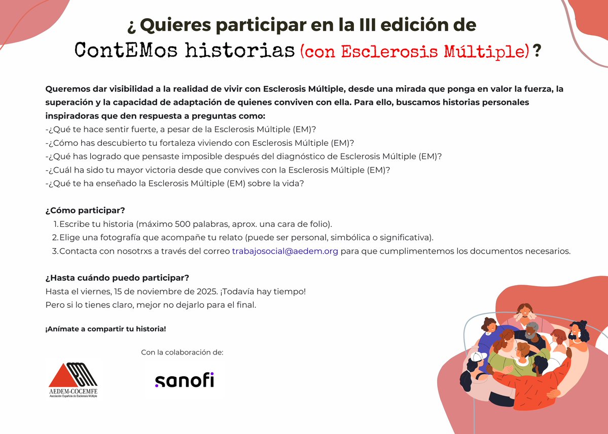 Esclerosis Múltiple (@aedemesclerosis) on Twitter photo 🔺¡Ya puedes participar en la III edición de ‘ContEMos historias (con Esclerosis Múltiple)’💬!
Buscamos historias de superación y fortaleza frente a la #EsclerosisMúltiple 💪
¿Vives con EM? Tu testimonio importa.
📩 Escríbenos a trabajosocial@aedem.org
aedem.org/ya-puedes-part… 🔺¡Ya puedes participar en la III edición de ‘ContEMos historias (con Esclerosis Múltiple)’💬!
Buscamos historias de superación y fortaleza frente a la #EsclerosisMúltiple 💪
¿Vives con EM? Tu testimonio importa.
📩 Escríbenos a trabajosocial@aedem.org
aedem.org/ya-puedes-part…