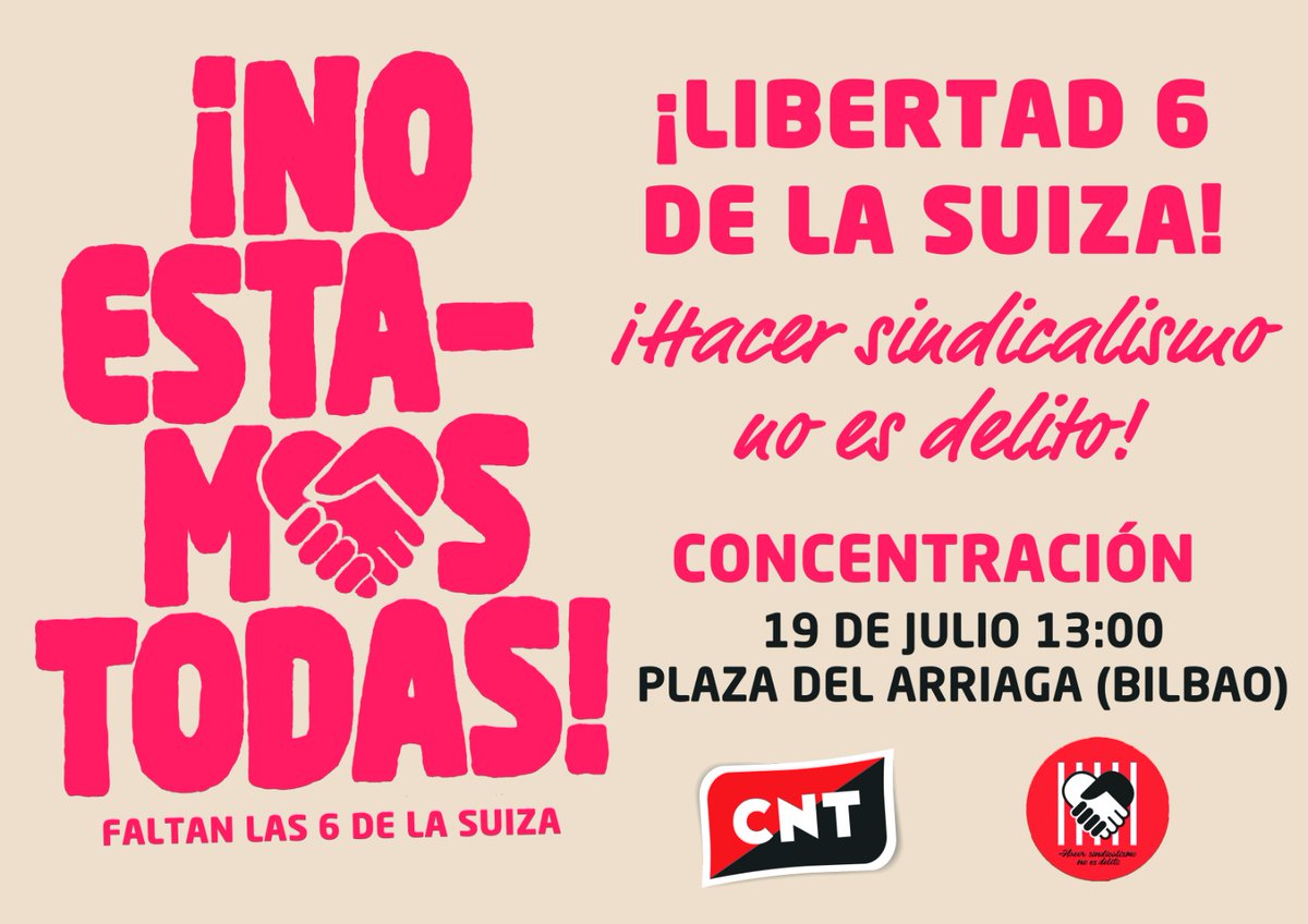 Larunbat honetan, gu ere Arriagan egongo gara La Suizako 6 sindikalisten espetxeratzea, auzi hau, eta eskubide sindikal eta politikoen aurkako eraso honek ekarri duena salatzeko guztia.

✊🏿 Facer sindicalismu nun ye delitu!
📢 La Suizako 6ak askatu!