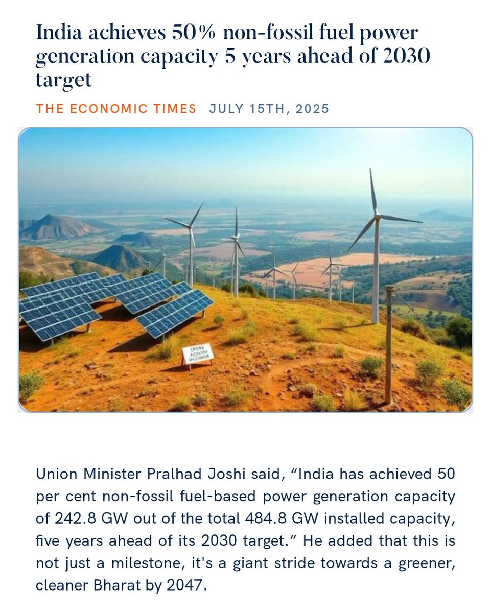 India achieves 50% non-fossil fuel power generation capacity 5 years ahead of 2030 target 
economictimes.indiatimes.com/industry/renew… 

via NaMo App