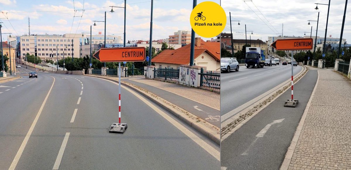 Značku doprostřed jízdního pruhu? I to se v Plzni stává. Vždyť to můžou objet! (jeden z obrázků je fotomontáž)