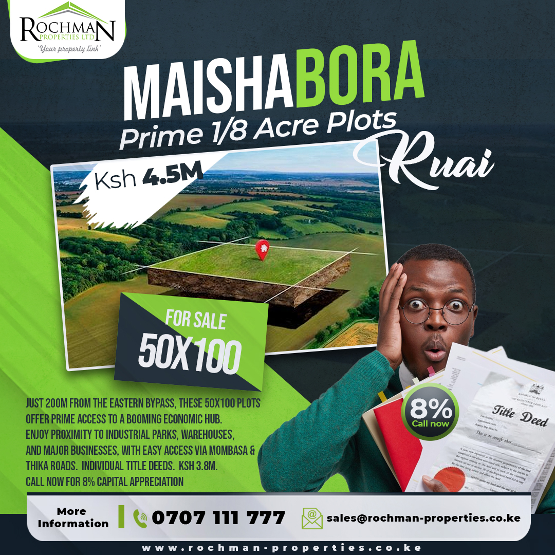 Prime plot for sale, 200m from the Eastern Bypass (behind Afro Sayari Park).  guaranteeing high appreciation (8% annually). Individual title deeds. Offer price: Ksh 3.8M. accessibility via Mombasa and Thika Roads

Call: 0707 111 777
mail: sales@rochman-properties.co.ke
#HalfTam