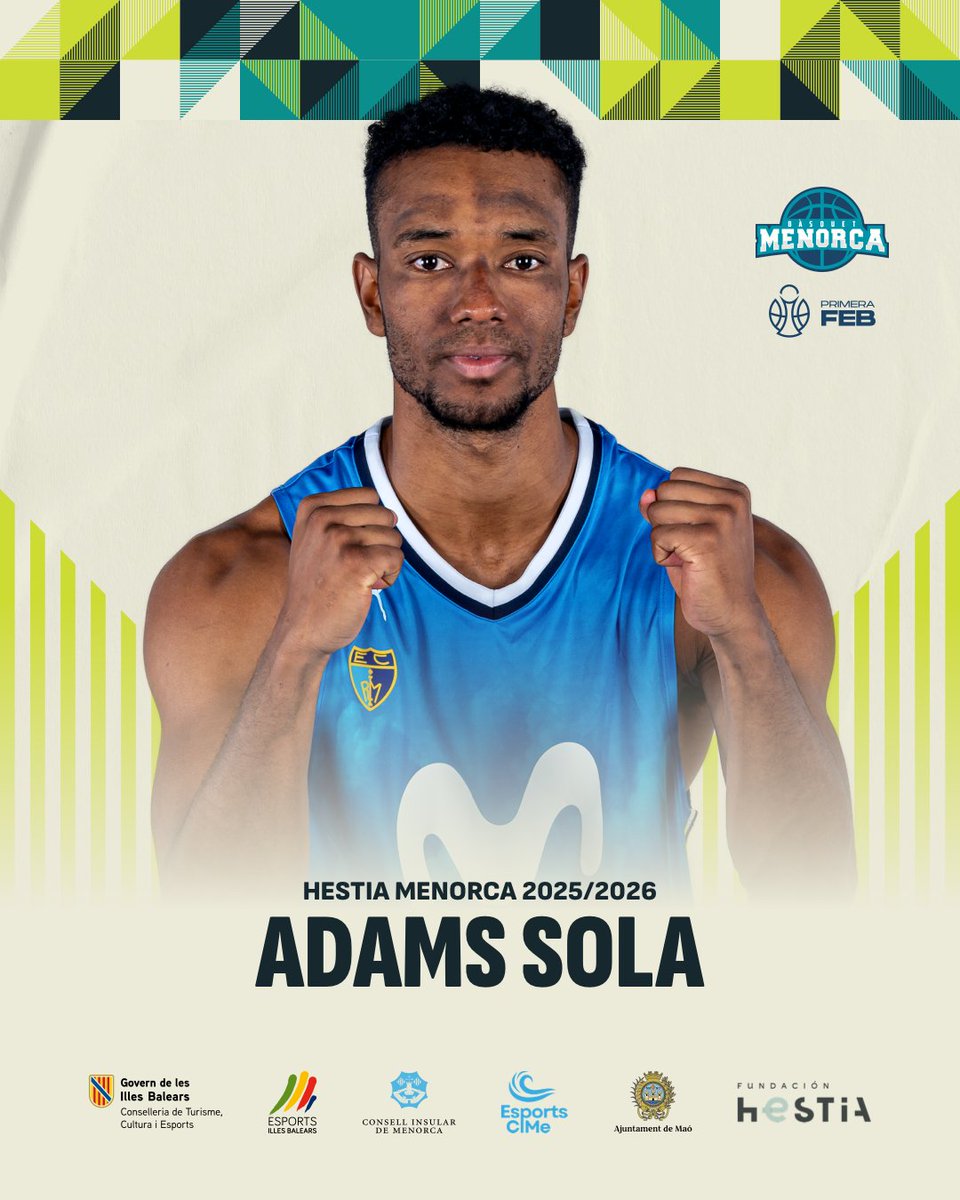 BasquetMenorca's tweet photo. 𝐅𝐈𝐂𝐇𝐀𝐉𝐄 🆕

𝗔𝗱𝗮𝗺𝘀 𝗦𝗼𝗹𝗮, nuevo jugador del Hestia Menorca para la temporada 2025/2026 🪖

👋 ¡Bienvenido a casa, @adamsola00!

#Menorca #OrgulldePrimera #UnaillaUnequip #EsportsCIMe #MatealEstigma https://t.co/Impwy109Ui
