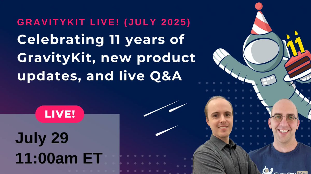 GravityView's tweet image. Join us on July 29 at 11am ET for a special birthday edition of GravityKit Live! 🎙️
We’ll be celebrating with special surprises, sharing some exciting product updates, and answering all your questions during the live Q&A 🚀
Save your spot 👇
gravitykit.com/live/