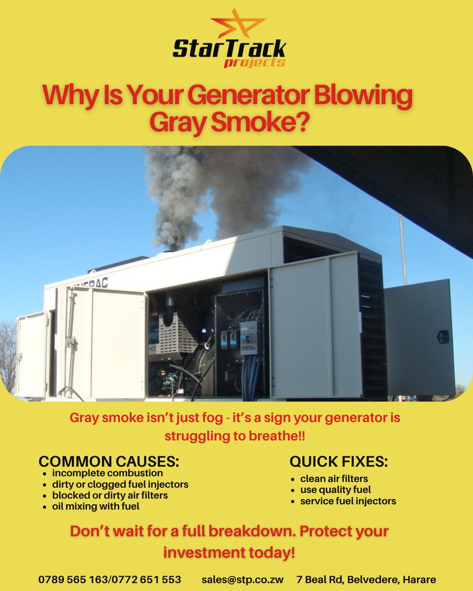 Don't wait for it to scream - clean filters, service injectors, and fuel right.
📞Call Star Track Projects for expert care!
chat.whatsapp.com/DEn03PX6sGP3u7… 
stp.co.zw
#powersmart #generatortips #zimbabweenergy