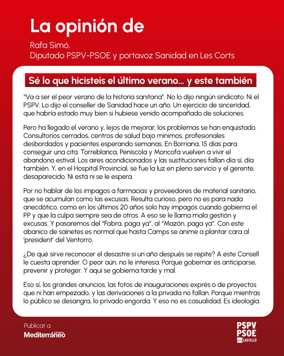 «Impagos a farmacias y proveedores de material sanitario [...] Resulta curioso, pero no es para nada anecdótico, como en los últimos 20 años solo hay impagos cuando gobierna el PP y que la culpa siempre sea de otros».

✍️ L’opinió de <a href="/rafasimosancho/">Rafa Simó</a> a El Periódico Mediterráneo.