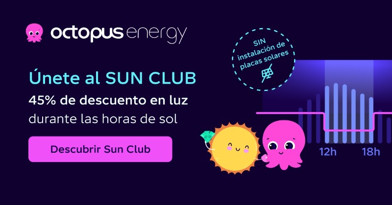 OctopusEnergyES's tweet photo. Únete al Sun Club de Octopus Energy 🐙 y aprovecha un 45% de descuento en tu consumo eléctrico durante las horas de sol ☀️, sin necesidad de instalar placas solares. Empieza a ahorrar cada día de 12h a 18h.
¿Te apuntas?
