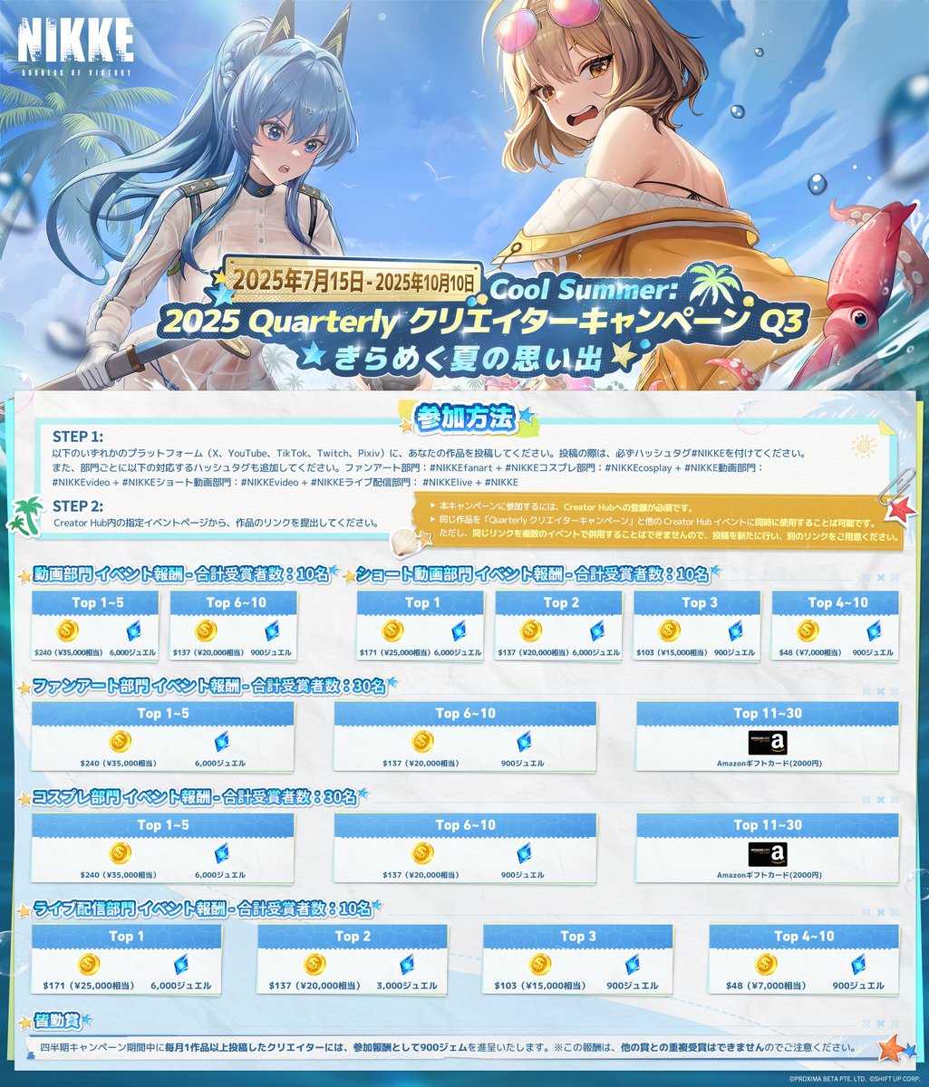 【NIKKEクリエイターキャンペーン開催】
本日より、クリエイターキャンペーン「2025 Quarterly クリエイターキャンペーン Q3」がスタート⭐️

今年も最高の夏の思い出をニケたちと一緒につくりましょう🏖️

ほかのクリエイターイベントに投稿済みの作品も、本企画との同時参加OK🎨