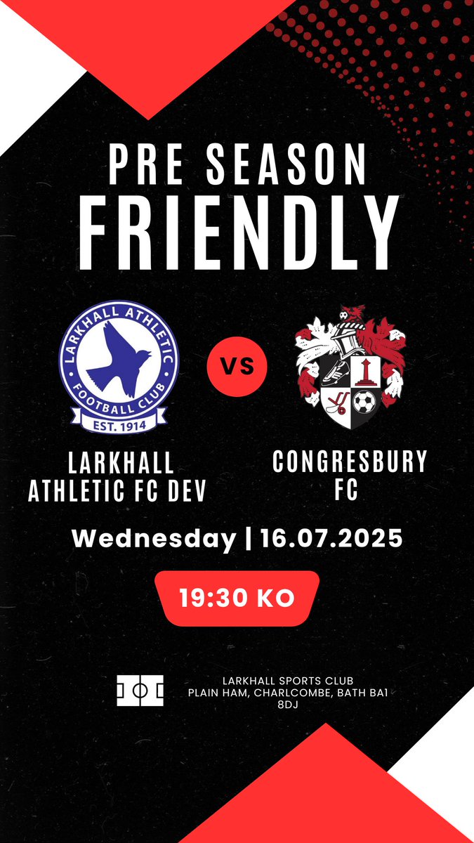 Congresbury FC (@congresburyfc) on Twitter photo Pre season games are coming thick and fast for our 1st team.
We travel to <a href="/LarkhallAthlet1/">Larkhall Athletic Development</a> tomorrow night in what will be a tough fixture
UTB 🔴⚫️ Pre season games are coming thick and fast for our 1st team.
We travel to <a href="/LarkhallAthlet1/">Larkhall Athletic Development</a> tomorrow night in what will be a tough fixture
UTB 🔴⚫️