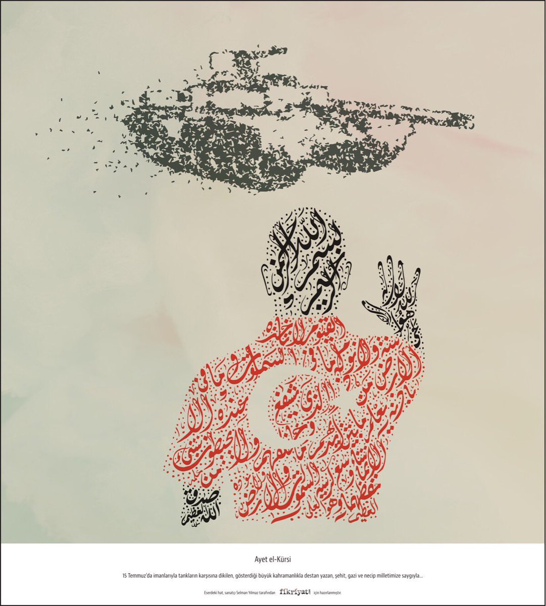 15 Temmuz gecesi imanlarıyla tankların karşısında duran şehitlerimiz, gazilerimiz ve milletimize saygıyla. 🇹🇷

Hattat Selman Yılmaz’ın Fikriyat.com’a özel çalışması.