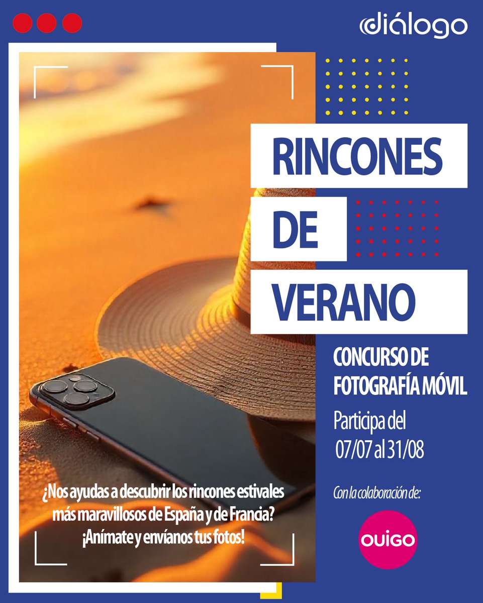 📱¡Este verano captura con tu móvil los #RinconesDeVerano más bonitos de 🇪🇸 España y 🇫🇷Francia y mándanos la foto!
👉Las mejores fotos tienen premio: billete para viajar con OUIGO España🚄
📅Participa hasta el 31/08
ℹ️Toda la info: dialogo.es/concurso-de-fo… 
#VeranoEnEspañayFrancia