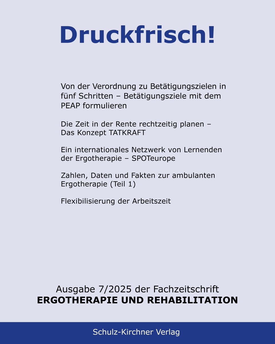 _skverlag's tweet photo. Die aktuelle Ausgabe 7/2025 der #Fachzeitschrift #ERGOTHERAPIE UND REHABILITATION ist erschienen, liebe #DVE-Mitglieder und Abonnent:innen. Es warten wieder viele interessante Themen auf euch! Und ein Gewinnspiel ist auch dabei!!! 🤩

https://t.co/TXVrJYB6pB https://t.co/nJ27QuH8JO