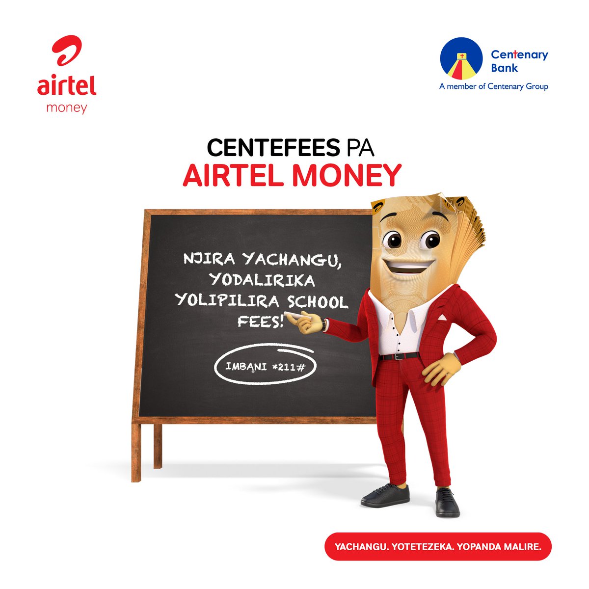 𝗟𝗜𝗣𝗜𝗥𝗔𝗡𝗜 𝗖𝗘𝗡𝗧𝗘𝗙𝗘𝗘𝗦 𝗣𝗔 𝗔𝗜𝗥𝗧𝗘𝗟 𝗠𝗢𝗡𝗘𝗬!​
​​
Njira yachangu komanso yodalirika yolipira fees ku sukulu iliyonse yomwe ili ndi akaunti ya Centenary Bank. Imbani *211#, sankhani 4 kenako 1 ndikutsata ndondomeko zotsatira kuti mulipire.