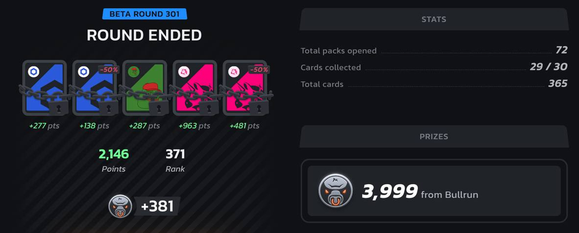 One day I will complete the deck on <a href="/infinex/">Infinex</a>, but not today.

$XLM don't like me.

Every day I open packs and keep playing bullrun with the same deck: 2 $LINK, 1 $PEPE and 2 $UNI.
I think it's a solid bet, very manipulative cards.

What's your strategy?