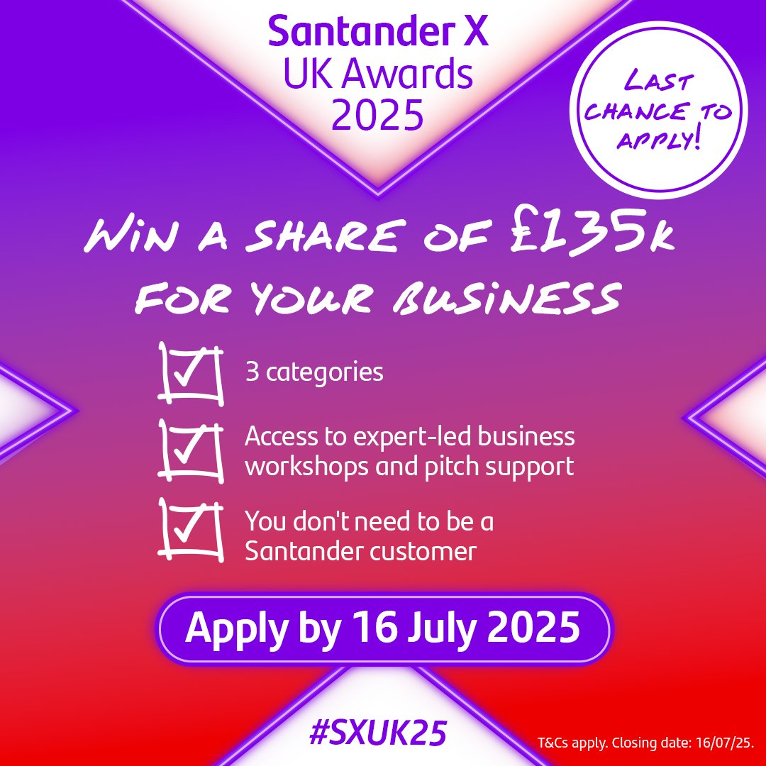 UniofHerts's tweet image. 🚀 Last chance to launch your idea!

University entrepreneurs - the Santander X UK Awards 2025 deadline is approaching. Win funding, get pitch training, and join a national network of innovators.

📆Deadline: 16 July

Apply now: bit.ly/44d1Yoe. 18+, T&amp;amp;Cs apply.

#SXUK25