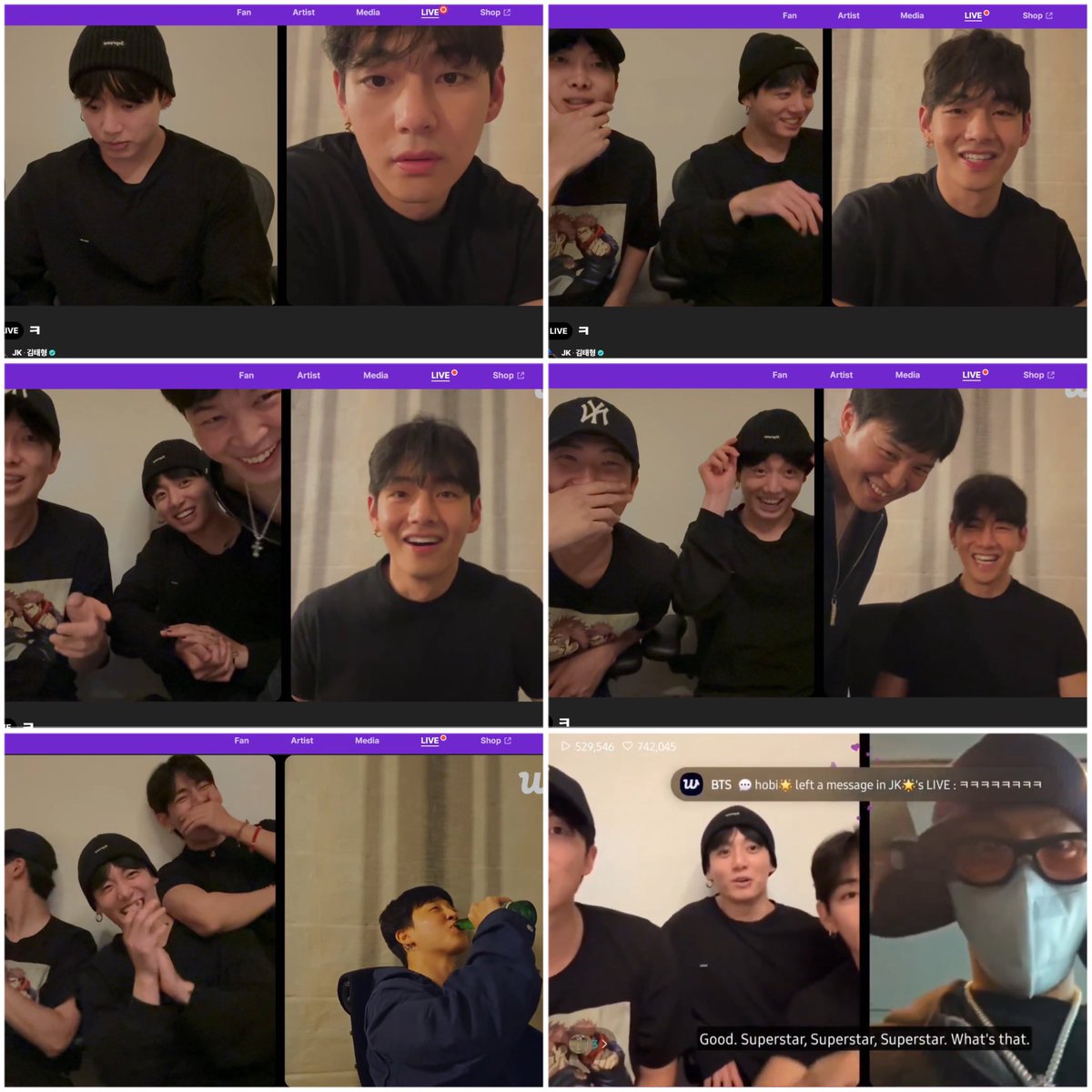 บังทันค่ดวุ่นวาย 555 ละนี่อยู่บ้านเดียวกันไง
แทมาไลฟ์ไอจีบ่นเหงา &gt; จองกุกนัมจุนมาจอยไลฟ์ &gt; 🐨หลุดจากไลฟ์ &gt; 🐻🐰มาไลฟ์วว.คนละห้อง &gt; 🐨จะจอยไลฟ์อีกแอคแต่ไม่ได้ &gt; 🐨มานั่งไลฟ์ห้อง🐰 &gt; จีมินมาห้อง🐰🐨 &gt; 🐥ไปห้อง🐻 &gt; 🐻มาห้อง🐰🐨 &gt; 🐥นั่งไลฟ์ห้อง🐻 &gt; โฮปแวะมาแจมอีกแอคตอนแลนดิ้งพอดี