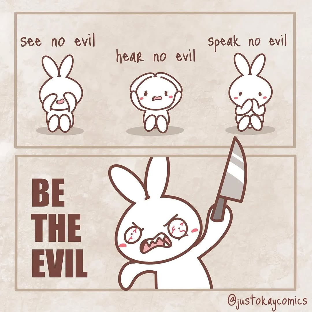 bibi_bobby_b's tweet image. &quot;See no evil, hear no evil, speak no evil&quot; by @justokaycomics 😂🐰🔪 #FunnyComics #JustOkayComics #CartoonHumor #EvilBunny