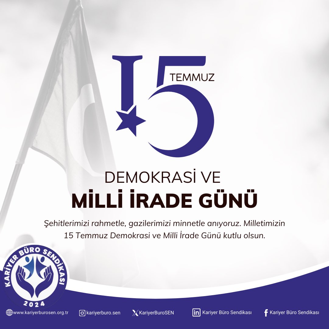 Milletimizin azmi, kararlılığı ve birlik ruhuyla kazanılan bu anlamlı gün; demokrasimize ve millî iradeye sahip çıkmanın en güçlü nişanesidir.
15 Temmuz Demokrasi ve Millî Birlik Günü kutlu olsun.

#KariyerBuroSen #KariyerBüroSendikası #15Temmuz