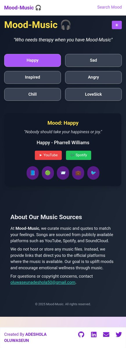 Adeshola___'s tweet image. 🧠 Ever felt a mood so deep… only a song could explain it?
🎧 Meet Mood-Music — a web app that reads your vibe and recommends songs + quotes that feel like therapy.
Built with 💻 React, Tailwind, and raw emotion.

🌐 Try it free:👉 adeshola-mood-music.netlify.app
#MentalHealth #ReactJS