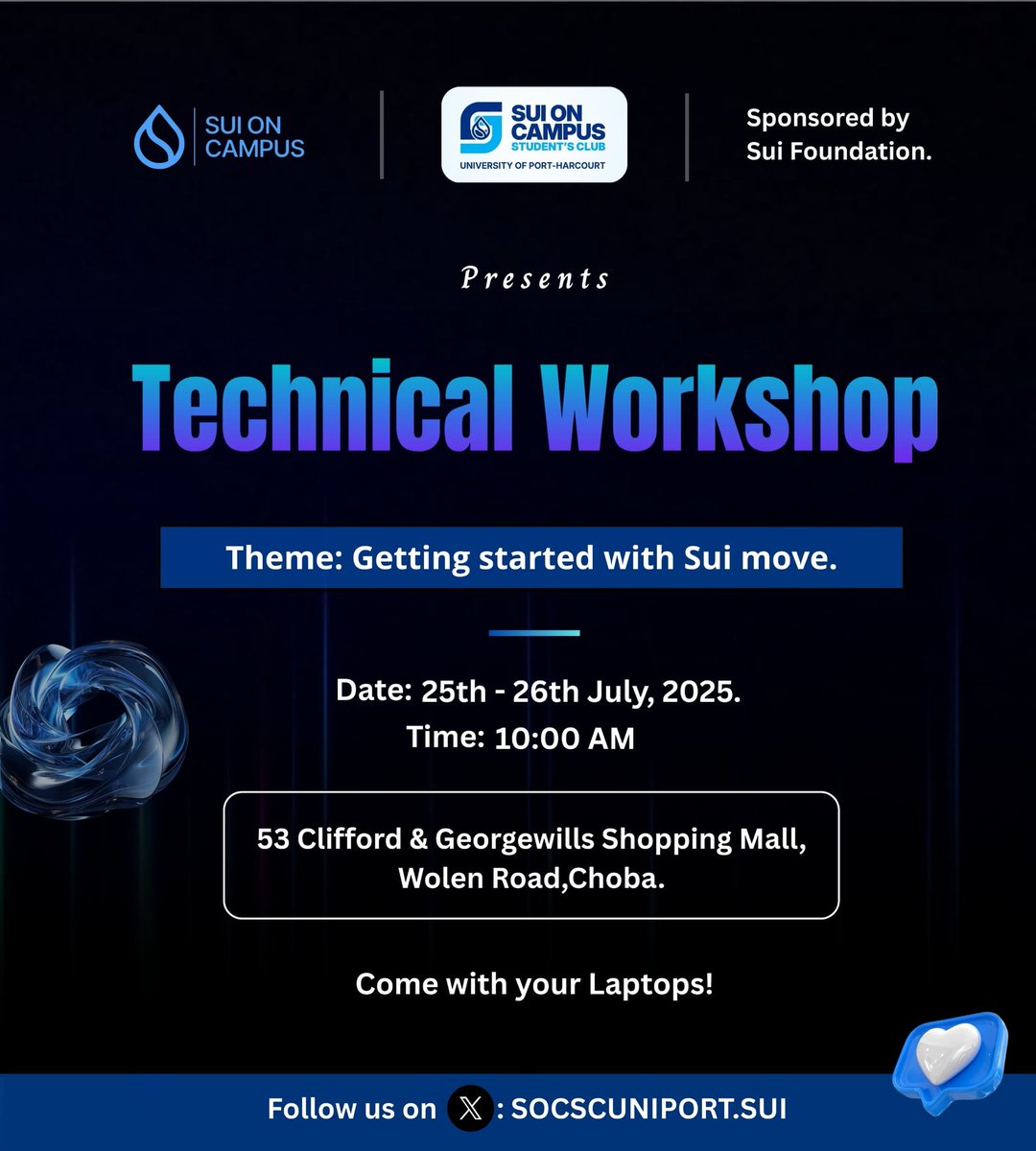 ONLY A FEW SPOT LEFT FOR  OUR  INAUGURAL  TECHNICAL WORSHOP💥

What is Sui Move?
Sui Move is a cutting-edge, open-source programming language designed for building decentralized applications on the Sui blockchain.

Who should attend?
This workshop is ideal for

✨Developers