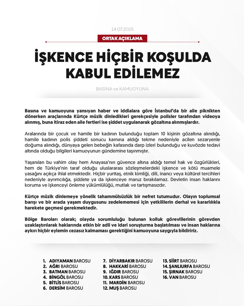 Bölge Barolarından Ortak Açıklama: İşkence Hiçbir Koşulda Kabul Edilemez