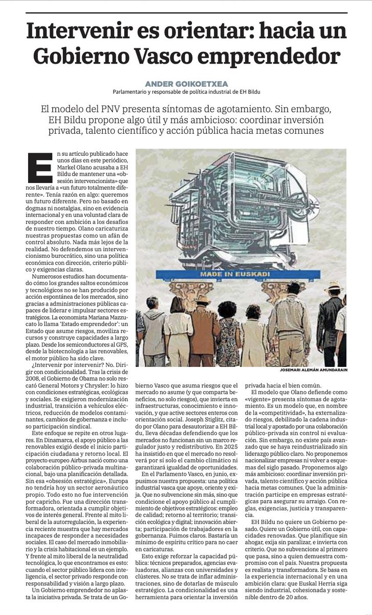 Bikain Ander Goikoetxea gaur agortutako ereduaren aurrean EH Bilduk defendatzen duen industria politikaz.