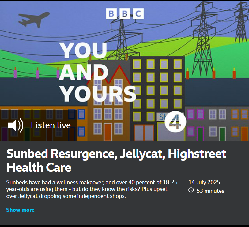 Yesterday, our CEO, Susanna Daniels, joined <a href="/BBCRadio4/">BBC Radio 4</a>'s You &amp; Yours programme to shine a spotlight on the dangers of sunbeds, which is a growing public health concern.

Listen now: buff.ly/jxqi2tn

#melanoma #sunbeds