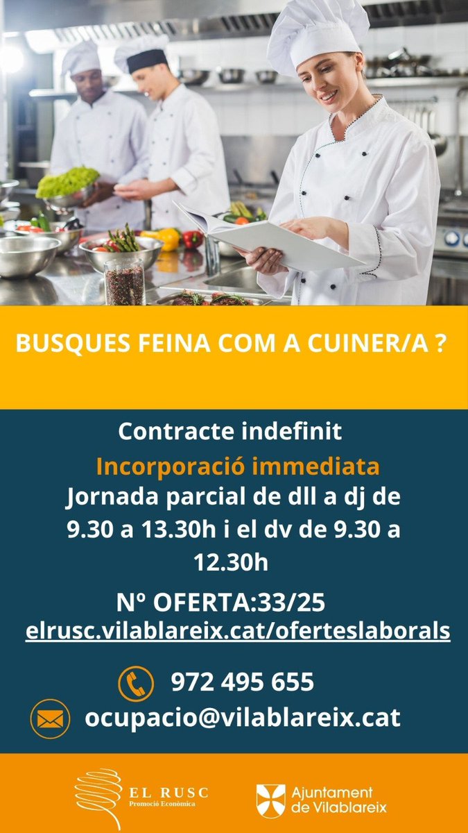 Vilablareix (@vilablareix_cat) on Twitter photo 📢 Nova oferta de feina de cuiner/a
✅️ Contracte indefinit
📲 Envia el teu CV a ocupacio@vilablareix.cat o a través del següent enllaç elrusc.vilablareix.cat/index.php/ofer…
#Vilablareix #Ocupació #PromocióEconòmica 📢 Nova oferta de feina de cuiner/a
✅️ Contracte indefinit
📲 Envia el teu CV a ocupacio@vilablareix.cat o a través del següent enllaç elrusc.vilablareix.cat/index.php/ofer…
#Vilablareix #Ocupació #PromocióEconòmica