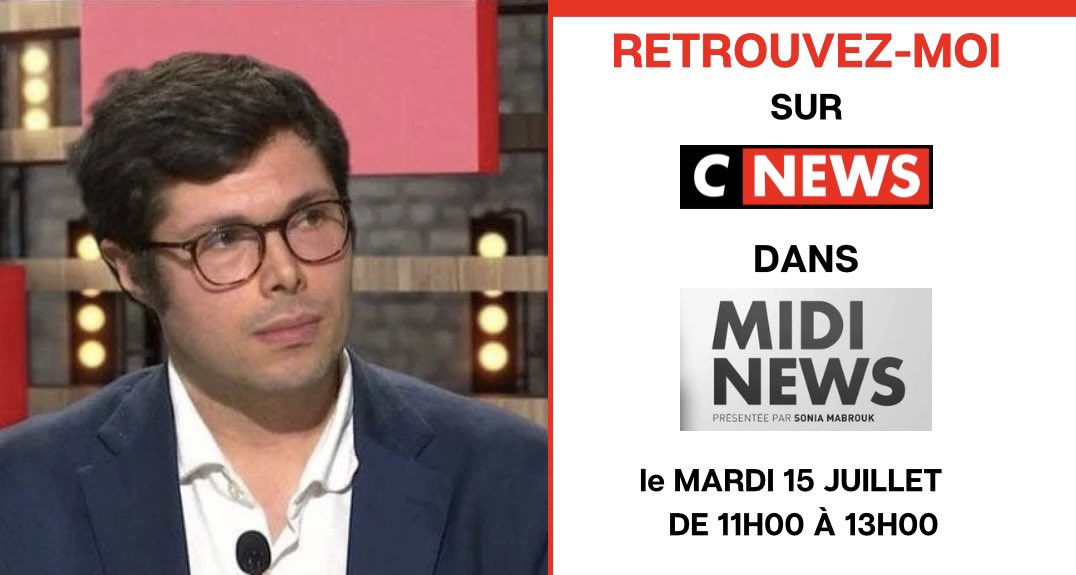 kevinbossuet's tweet image. Retrouvez-moi ce mardi 15 juillet sur @CNEWS de 11H00 à 13H00 pour commenter l'actualité autour de @ThierryCabannes et de ses autres invités. #MidiNews