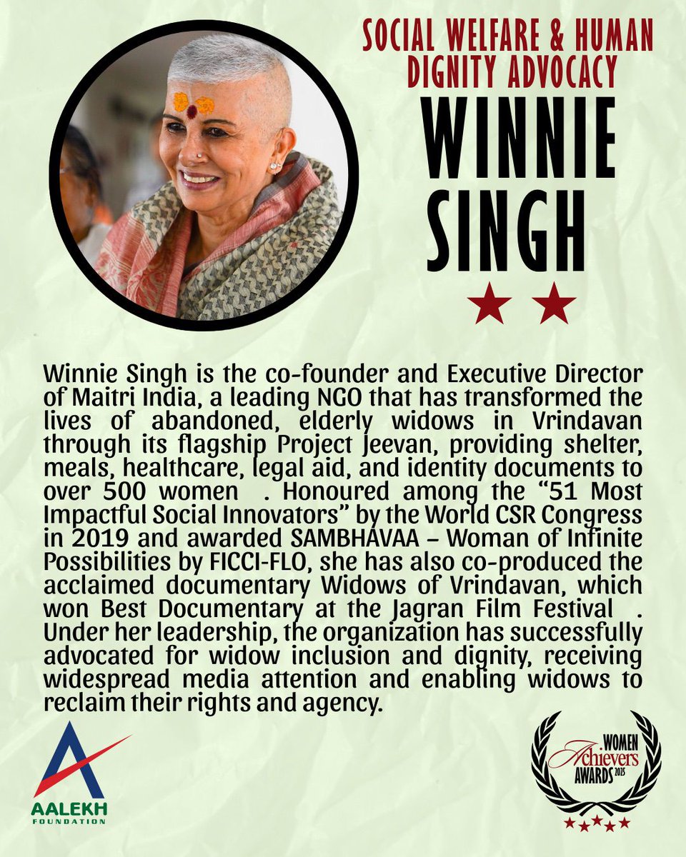 AalekhFoundOrg's tweet image. Meet Our Woman Achiever with fierce compassion and unwavering resolve, Winnie Singh is one among the 20 extraordinary women being honoured at the Aalekh Foundation Woman Achiever’s Award – 3rd Edition.
#AalekhAchievers2025 #WinnieSingh #WidowsOfVrindavan #WomanAchieverAward