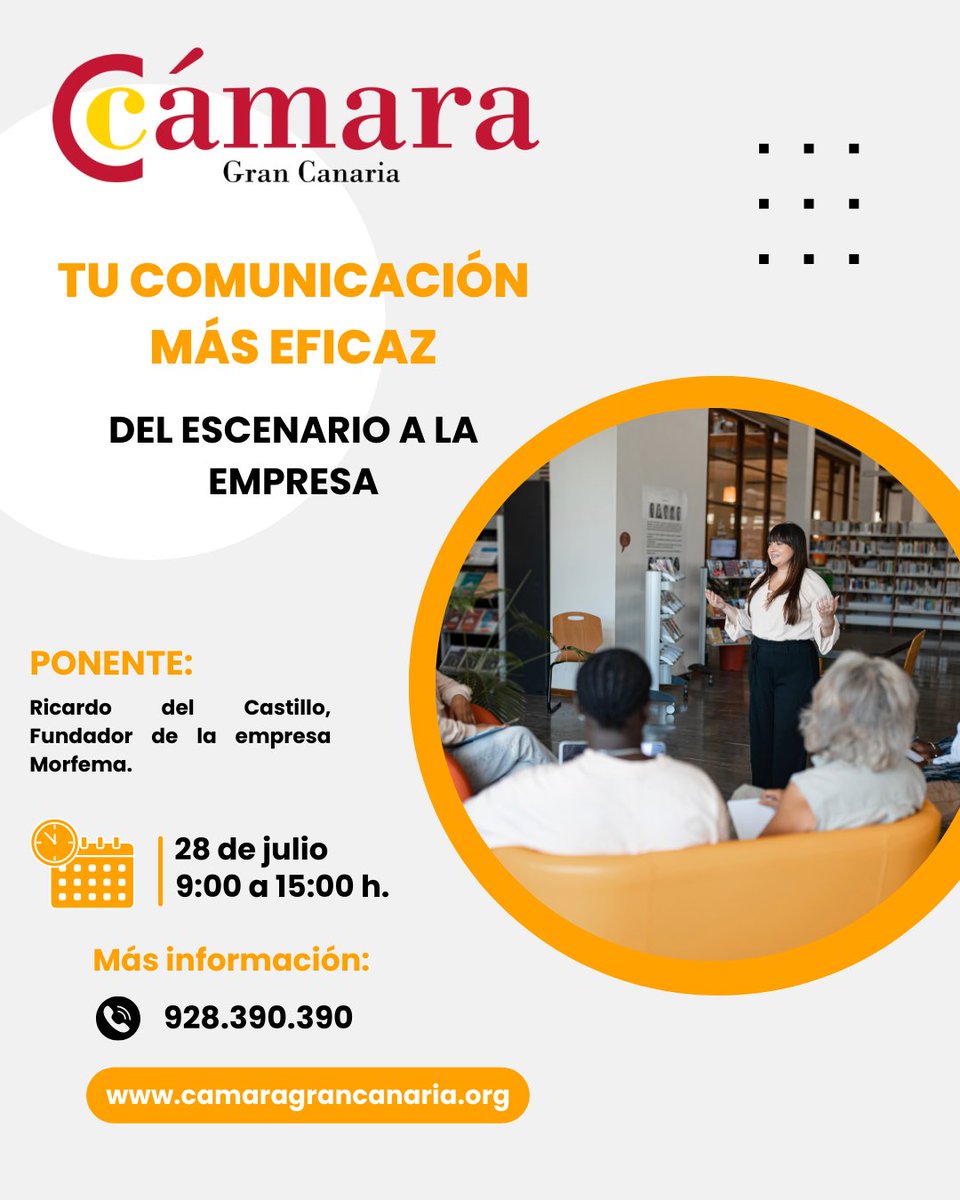 🎤 ¿Comunicar mejor en público y en el trabajo?
🔹Técnicas teatrales aplicadas a la empresa 
🔹 Ejercicios reales para hablar con impacto 
🔹 Diagnóstico personal y claves de mejora
📍 9:00–15:00 | ℹ️camaragrancanaria.org/formacion/ofer…

#Comunicación #Formación #GranCanaria #Empresas