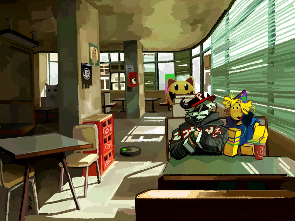 Thaltro1's tweet image. I was way to insecure and deleted this when I posted it a week ago but idc anymore ,, heres the cuties at a cafe I love u pest #Regretevator #robloxart