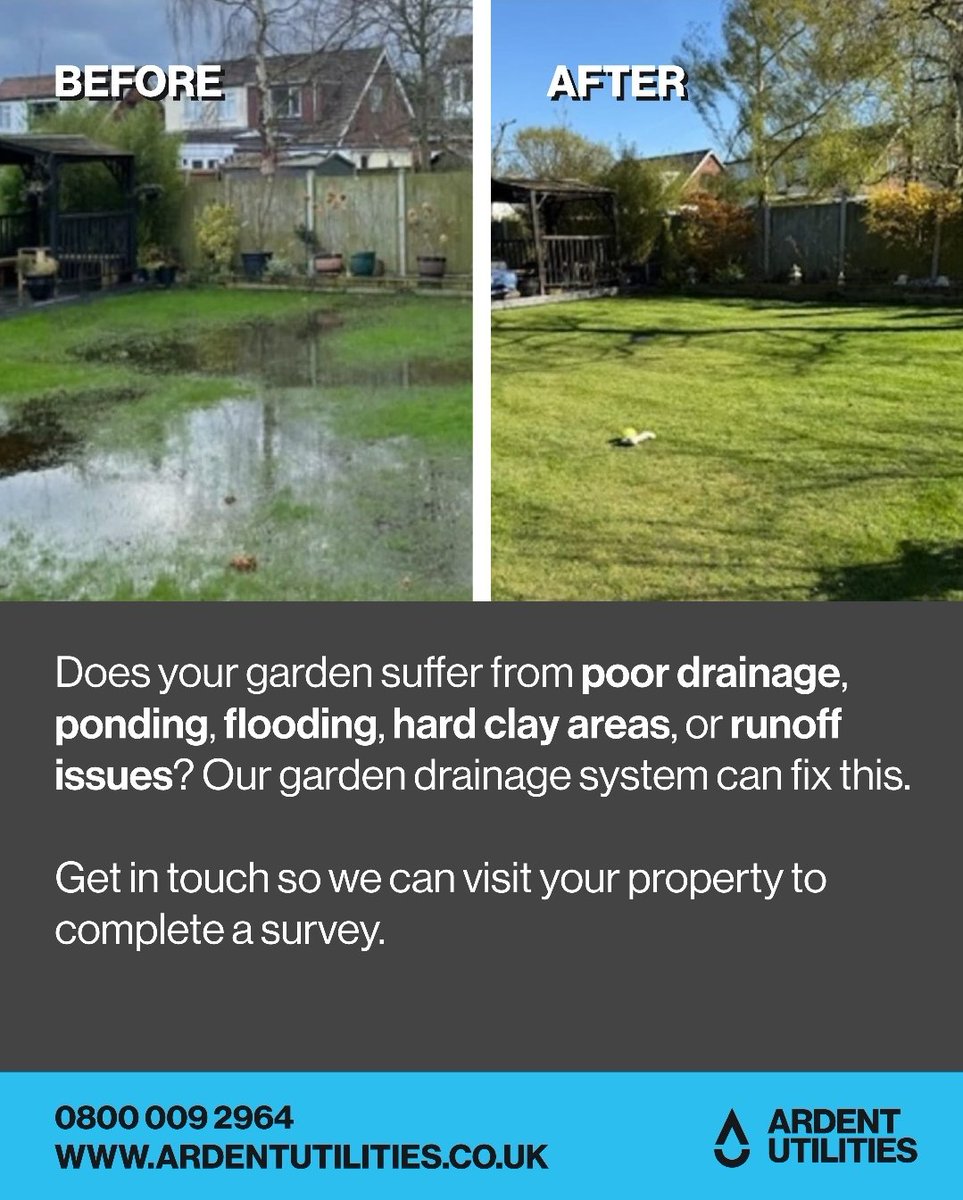 Does your garden suffer from any of the following: 

•Poor drainage
•Ponding 
•Flooding
•Hard Clay Areas 
•Runoff Issues 

Our garden drainage system can fix this. 
Feel free to get in touch so we can visit your property to complete a survey. 
📱 0800 069 2964
