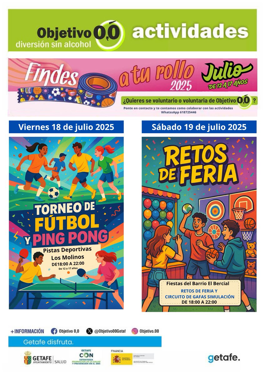 Findes a tu rollo 18 y 19 de julio.
El viernes 18 Torneo de Ping Pong y fútbol 5x5 en el centro social de Los Molinos. (Inscripción presencial en el centro social de 18:00 a 18:30)
El sábado 19 Fiestas de Barrio El Bercial con Retos de Feria y el circuito de gafas de simulación.