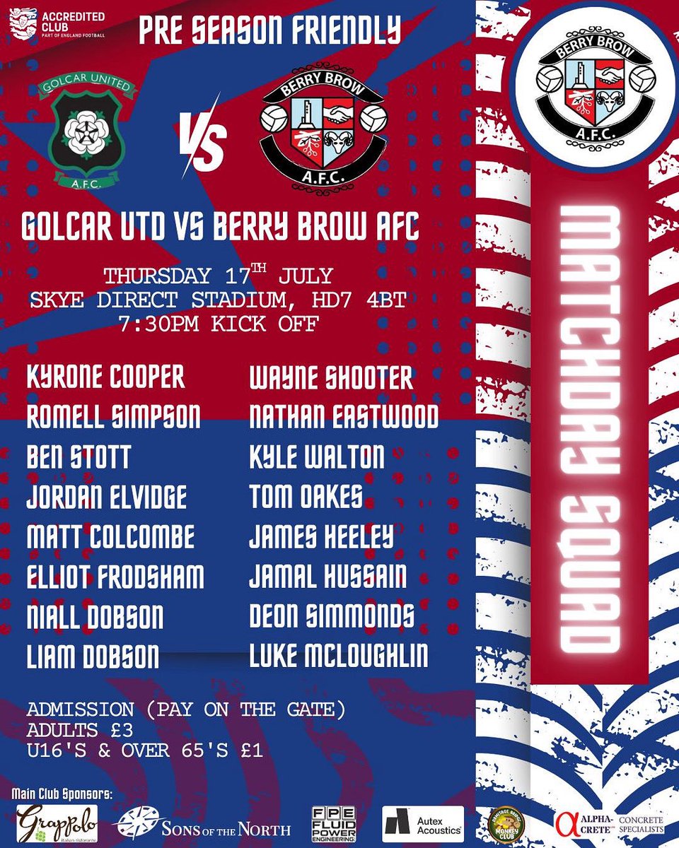 Berry Brow AFC (@berrybrowafc) on Twitter photo Our next match is a friendly this Thursday v <a href="/golcarunited/">Golcar United A.F.C</a> away at the Skye Direct.
Here’s the squad to travel!
#UTB 🔴🔵 Our next match is a friendly this Thursday v <a href="/golcarunited/">Golcar United A.F.C</a> away at the Skye Direct.
Here’s the squad to travel!
#UTB 🔴🔵