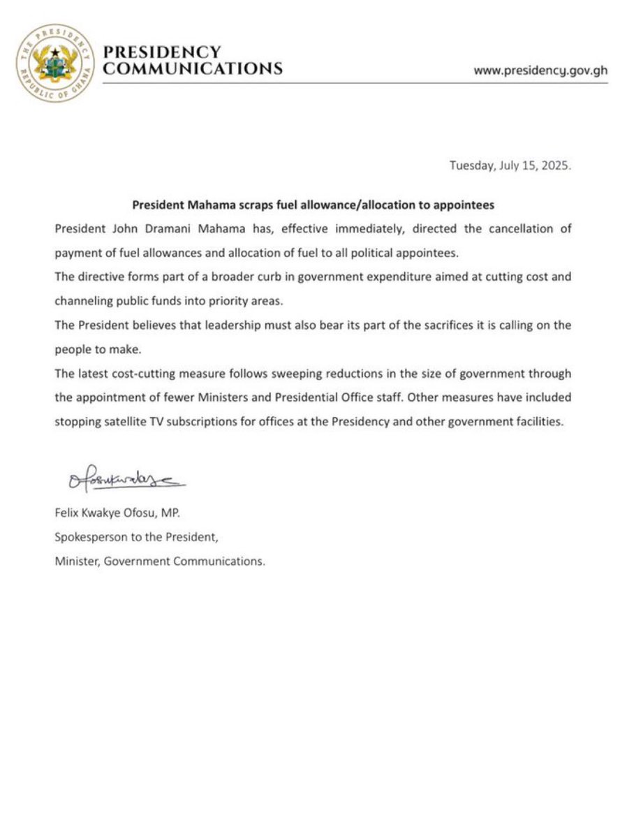 Under Mahama: fuel allowance for ministers and agency heads slashed 50%