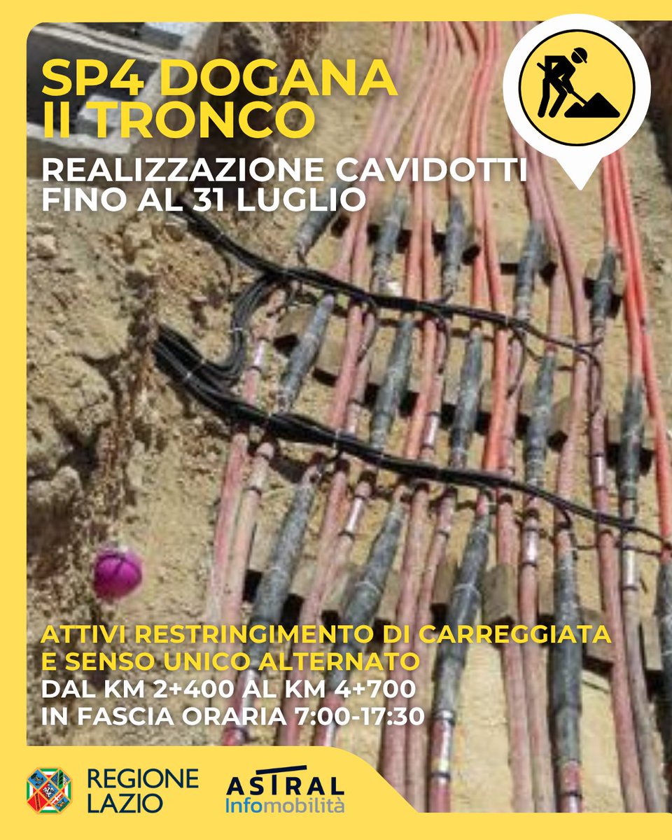 astralmobilita's tweet image. 🚧🚘 #SP4 #Dogana II Tronco

#lavori realizzazione cavidotti interrati

fino al 31 #luglio in fascia oraria 7:00-17:30

⚠️ attivo restringimento di carreggiata e senso unico alternato dal km 2+400 al km 4+700

👉shorturl.at/DeJLX

@WazeLazio
#viabiliLAZ