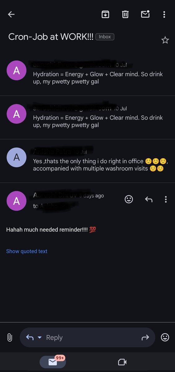 AarushiDhruv's tweet image. Better use of a cron job than sending bestie water reminders? I don't think so! XD
#cronjobatwork #codingisfun