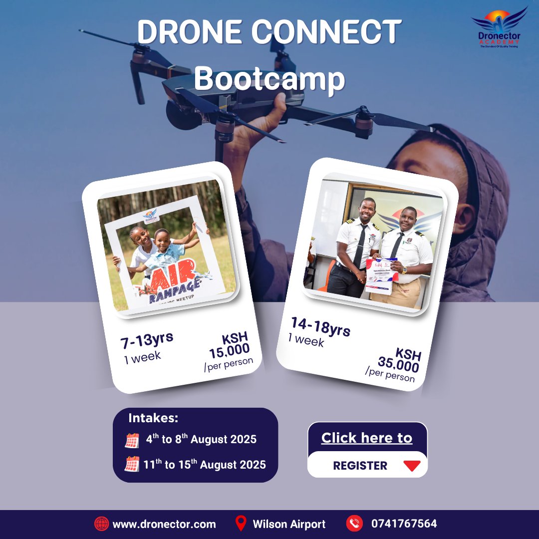Ready for an unforgettable August?

Young innovators aged 7 to 18 — your adventure awaits!
Join our Drone Connect Boot Camp for a thrilling week of drone flying, hands-on coding, and nonstop fun.
Secure a spot today: 0741767564

#DronectorAcademy #DroneConnect2025 #STEMForKids