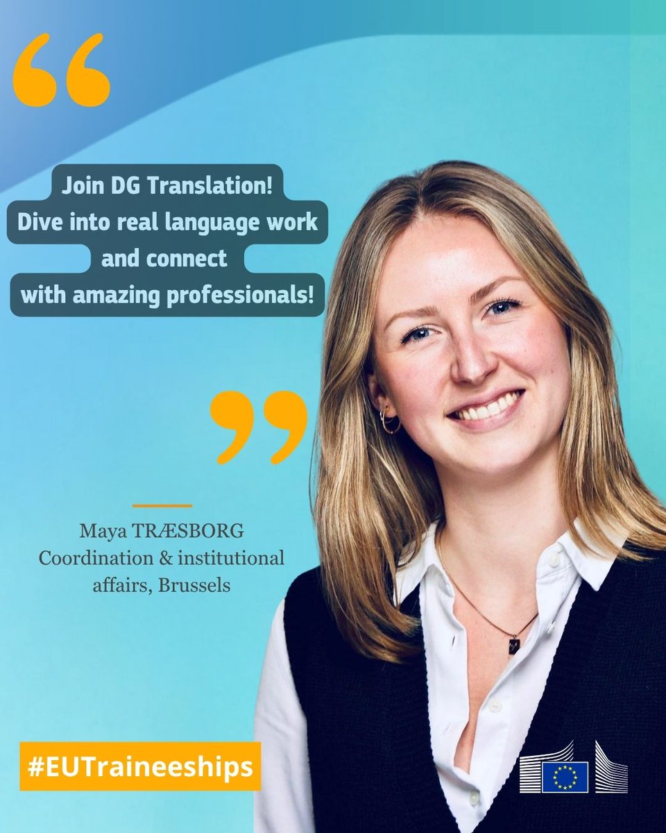 Translating for Europe (@translatores) on Twitter photo Apply for a 5-month paid traineeship at DG Translation: options include translation, terminology, editing and AI-based services.
👉 traineeships.ec.europa.eu
📅 Deadline 29 August
<a href="/EUCareers/">EU Center for Career Development</a>
<a href="/Piotr_Serafin/">Piotr Serafin</a>
#EUTraineeship #BlueBookTraineeship #EUCareers #europeanunion #AI Apply for a 5-month paid traineeship at DG Translation: options include translation, terminology, editing and AI-based services.
👉 traineeships.ec.europa.eu
📅 Deadline 29 August
<a href="/EUCareers/">EU Center for Career Development</a>
<a href="/Piotr_Serafin/">Piotr Serafin</a>
#EUTraineeship #BlueBookTraineeship #EUCareers #europeanunion #AI