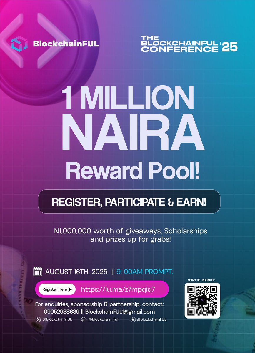 BlockchainFul's tweet image. 💸 N1,000,000 in giveaways, scholarships up for grabs at BlockchainFUL Conference 2.0!

How to qualify:
1️⃣ Register here: lu.ma/z7mpqiq7
2️⃣ Attend, participate and engage
3️⃣ Earn from the reward pool!

Don&apos;t miss out! see you at the conference.🌐