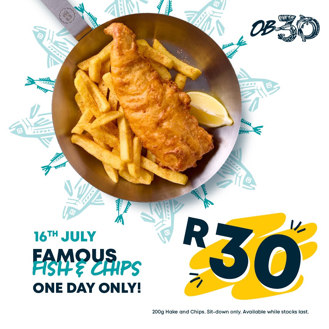 🎉 It’s happening TOMORROW! 🎉

R30 for what? A full portion Famous Hake &amp; Chips at Ocean Basket - that’s what! 🐟🍟

It’s our birthday but you’re getting the gift! R30 for 30 years of epic seafood! 🎉💙

Only at Ocean Basket. For sit-down only on 16 July 2025. Only while stocks