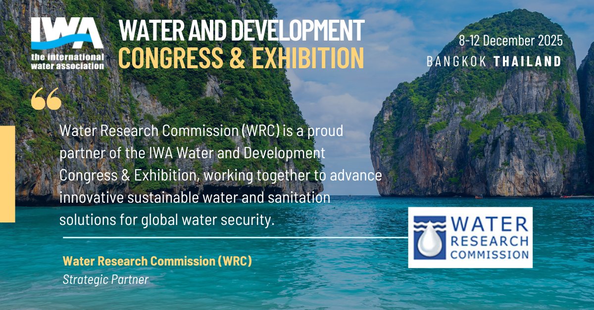 IWAHQ's tweet image. IWA is pleased to announce the Water Research Commission (WRC) of South Africa as a Strategic Partner for the #WaterDevelopmentCongress & Exhibition 2025, taking place in Bangkok, Thailand, from 8-12 December 2025!