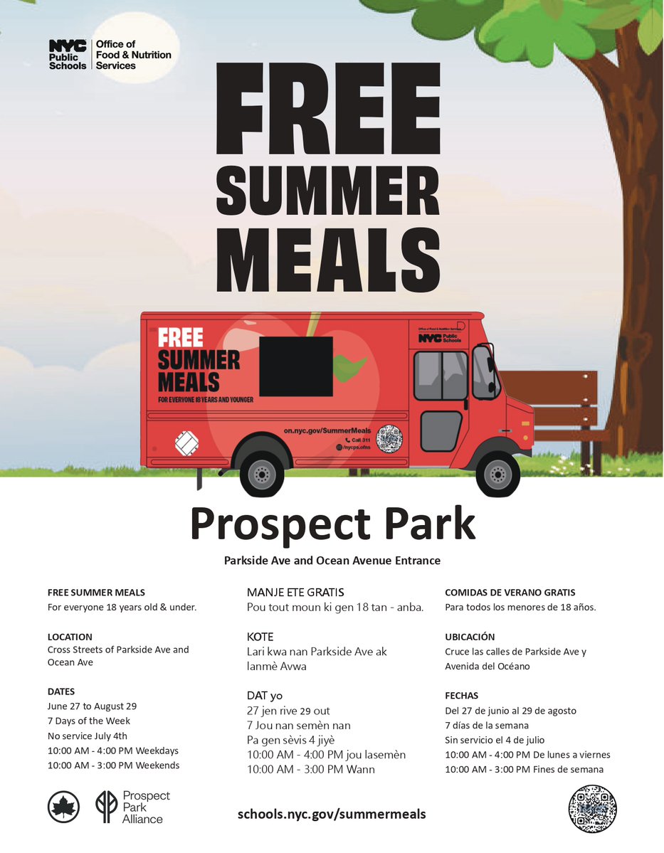 Prospect Park (@prospect_park) on Twitter photo Enjoy free summer meals for youth ages 18 + under in Prospect Park! Every day through August 29, visit the <a href="/NYCSchools/">NYC Public Schools</a> meal truck at the Parkside + Ocean Avenue Entrance to Prospect Park. More: prospectpark.org/summer-meals Enjoy free summer meals for youth ages 18 + under in Prospect Park! Every day through August 29, visit the <a href="/NYCSchools/">NYC Public Schools</a> meal truck at the Parkside + Ocean Avenue Entrance to Prospect Park. More: prospectpark.org/summer-meals