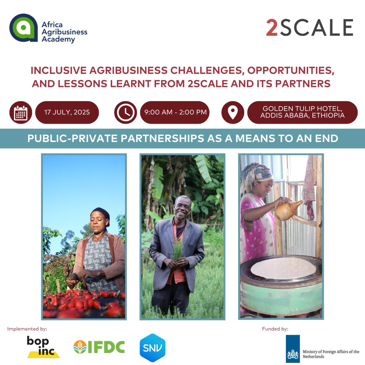 📅 𝗦𝗮𝘃𝗲 𝗧𝗵𝗲 𝗗𝗮𝘁𝗲!

How do we build agribusinesses that work for smallholders, women &amp; youth?

Join us for real stories, solutions &amp; insights from Ethiopia.

🔗 Virtual link coming soon!

#2SCALE #InclusiveAgribusiness #FoodSystems #PPP

<a href="/Bopinc/">Bopinc</a>| <a href="/IFDCGlobal/">IFDC</a>| <a href="/SNVworld/">SNV - find us on Bluesky as snv.org</a>