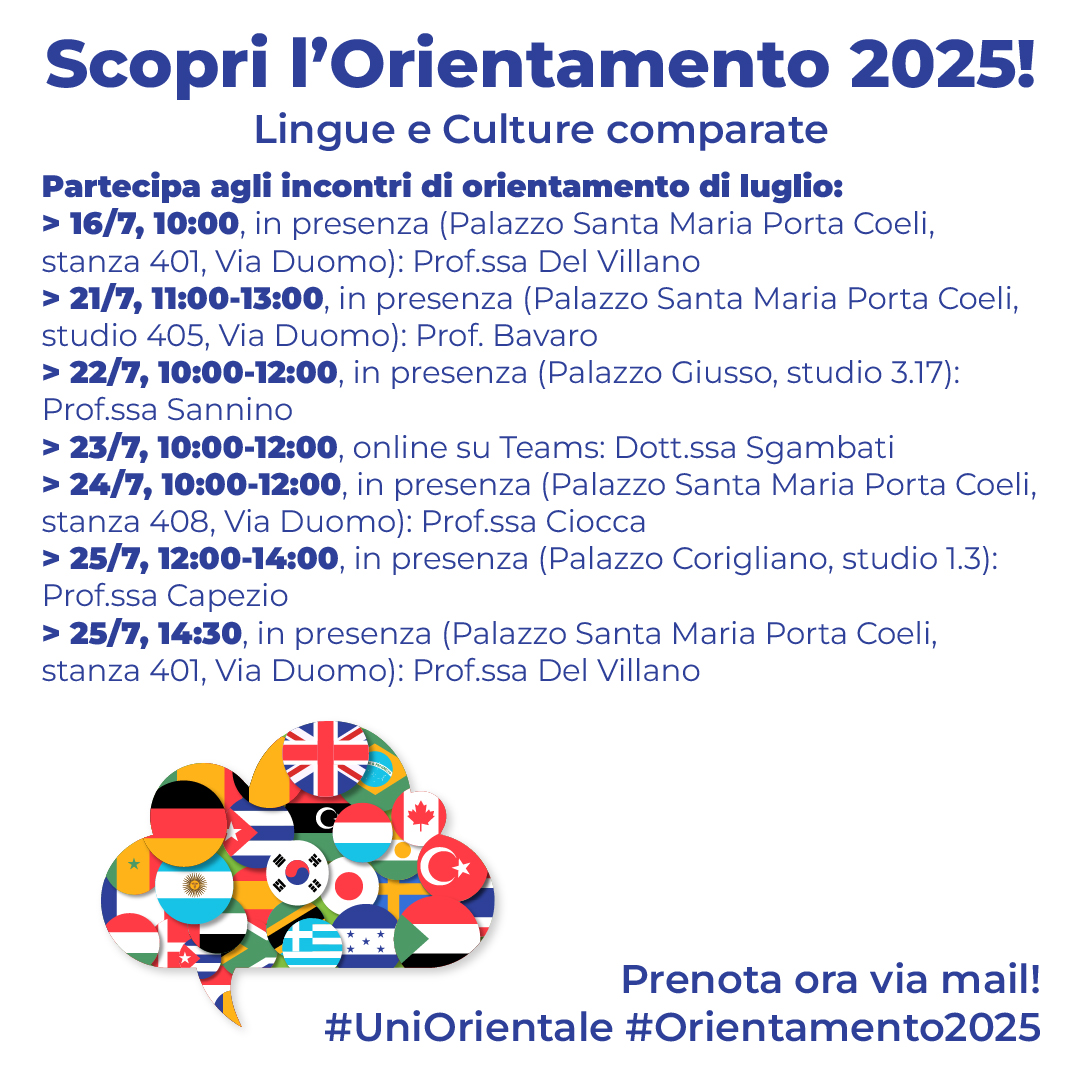 Università di Napoli L'Orientale (@uniorientale) on Twitter photo 📣 Esplora il corso di Lingue e Culture Comparate.
Durante gli incontri i docenti daranno agli studenti informazioni sul corso di studi.
Ecco gli incontri di luglio:
ow.ly/pqM650Wp7BC 📣 Esplora il corso di Lingue e Culture Comparate.
Durante gli incontri i docenti daranno agli studenti informazioni sul corso di studi.
Ecco gli incontri di luglio:
ow.ly/pqM650Wp7BC
