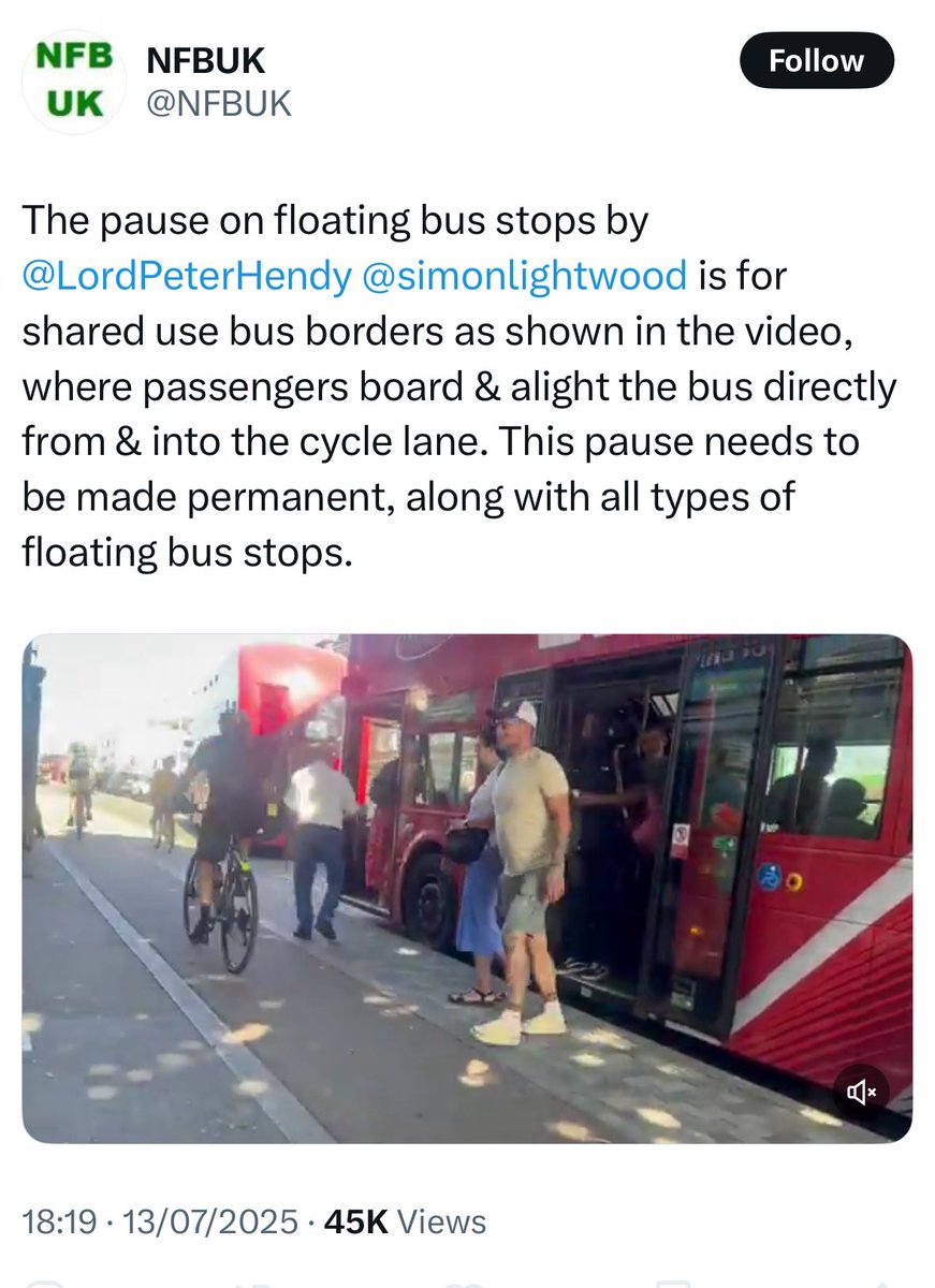 OpenChiswickW4's tweet image. This carefully edited video from No Fucking Bikes UK shows numerous benign human scale interactions between pedestrians and cyclists on a bus boarder.
People are cycling responsively and carefully and there are no collisions with bus passengers.
Looks great to me 👍